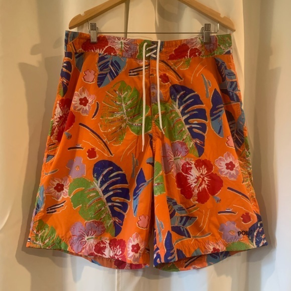 Polo Sport Ralph Lauren Orange Tropical Swim Trunks Shorts Size 36 Vtg